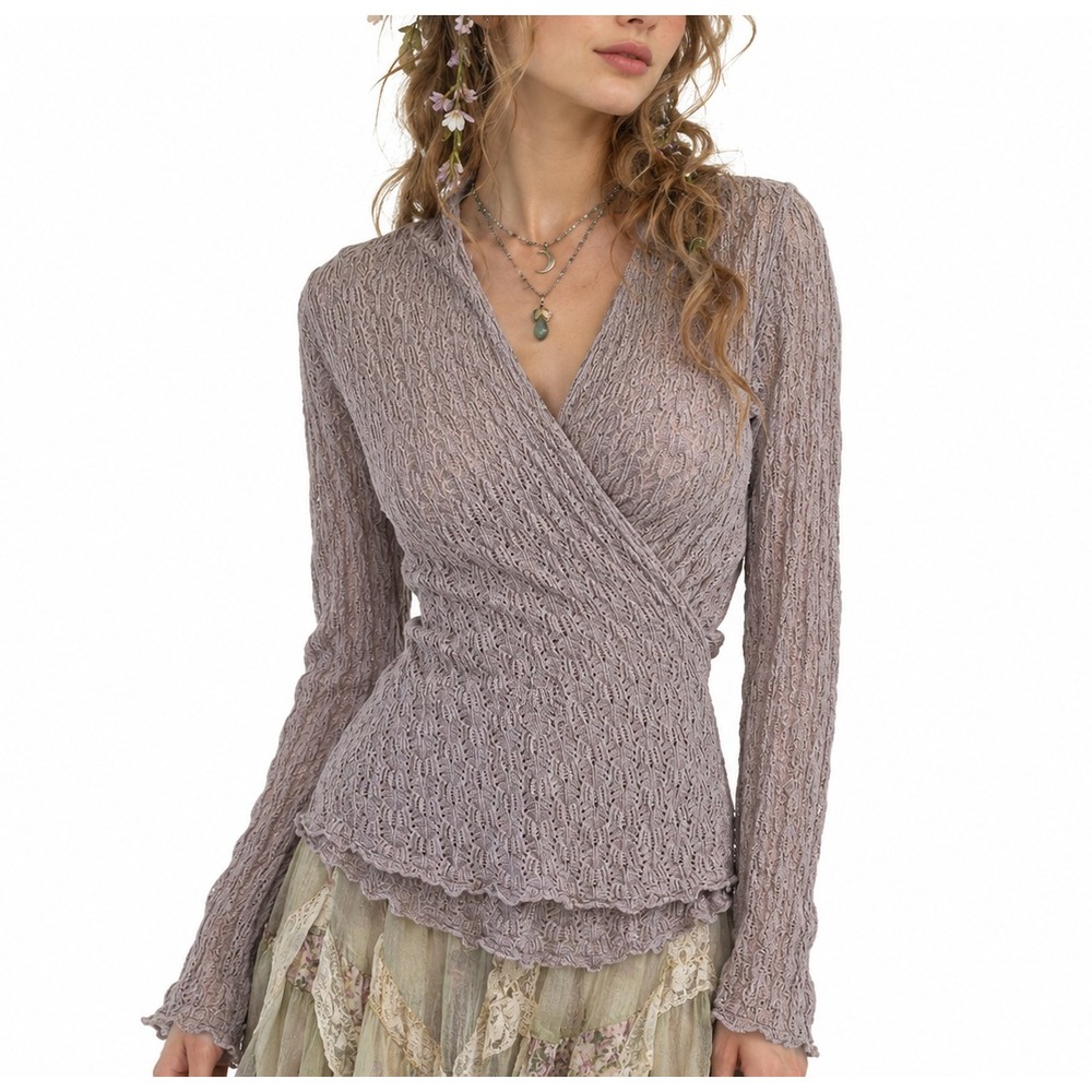 Ethereal Sheer Wrap S Top V-Neck Long Sleeve Lettuce Trim Fairy Grunge Layering